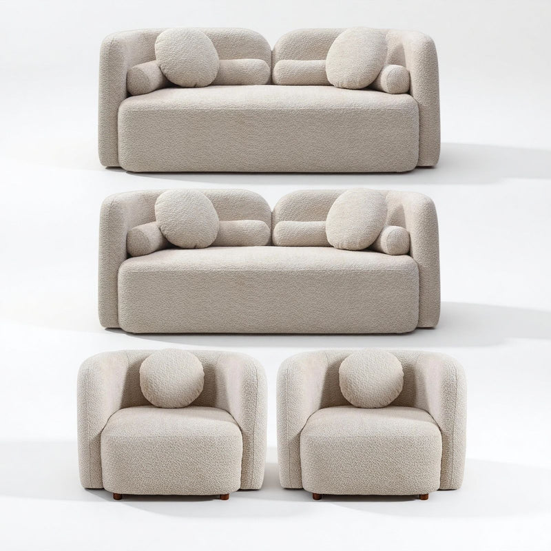 Beige upholstered sofa, loveseat, and two armchairs with round accent cushions
