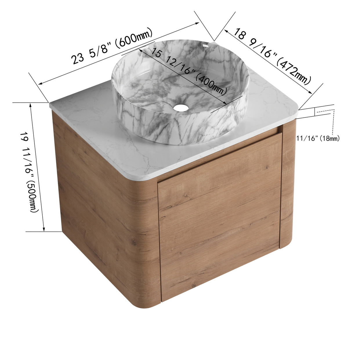 Wall-mounted vanity with white marble-look vessel sink, light wood cabinet—23 5/8 in wide