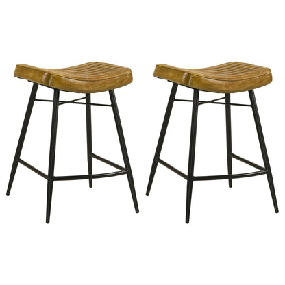 Set of 2 light brown counter stools with curved wood seat and black metal legs