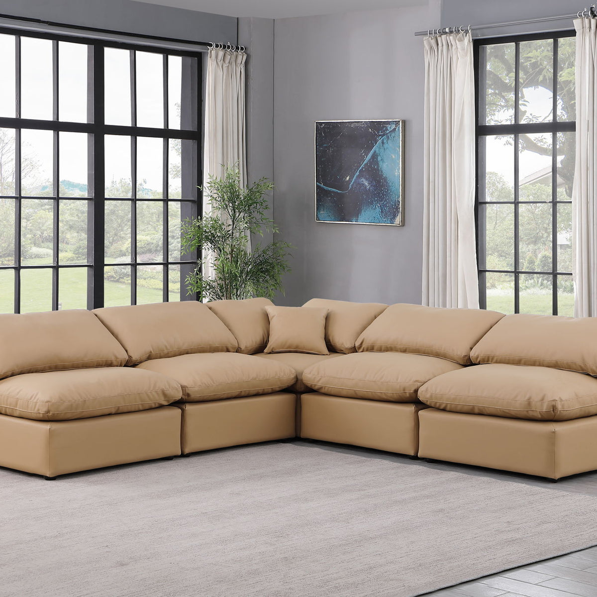 Indulge - Faux Leather 5 Piece Modular Corner Armless Sectional - Tan