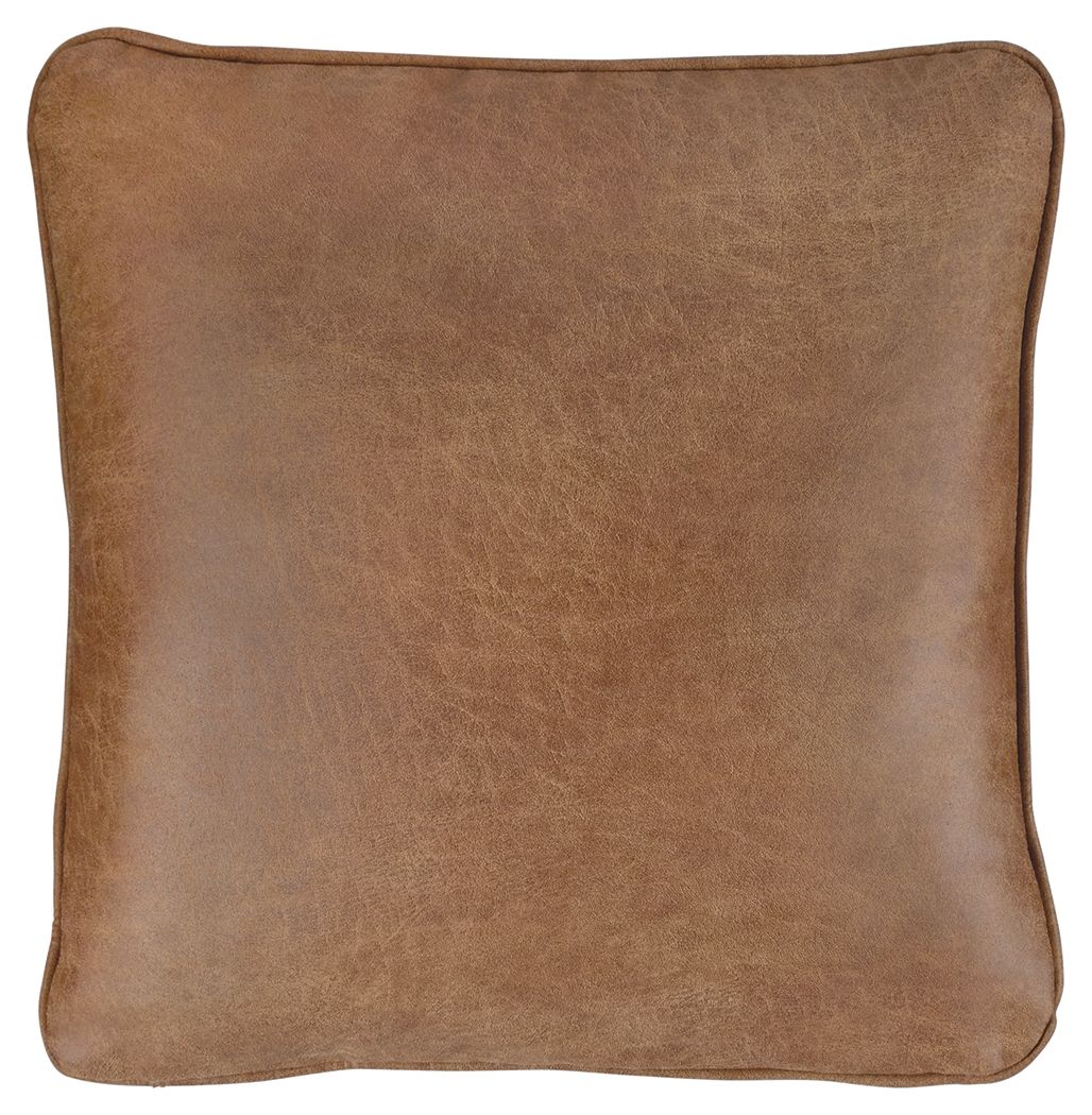 Caramel square throw pillow with welted edge, suede-like fabric
