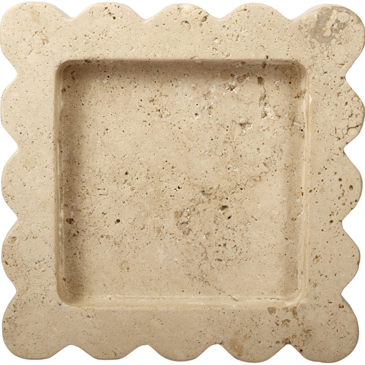 Natalie travertine tray with scalloped rim; pale beige speckled stone and recessed center.