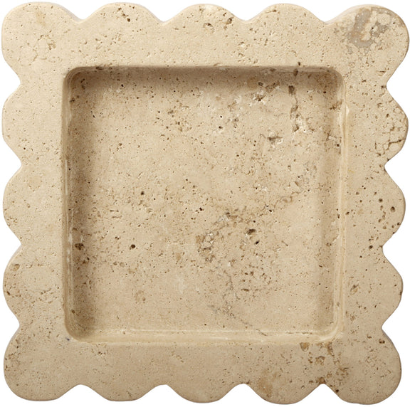 Natalie travertine tray with scalloped rim; pale beige speckled stone and recessed center.