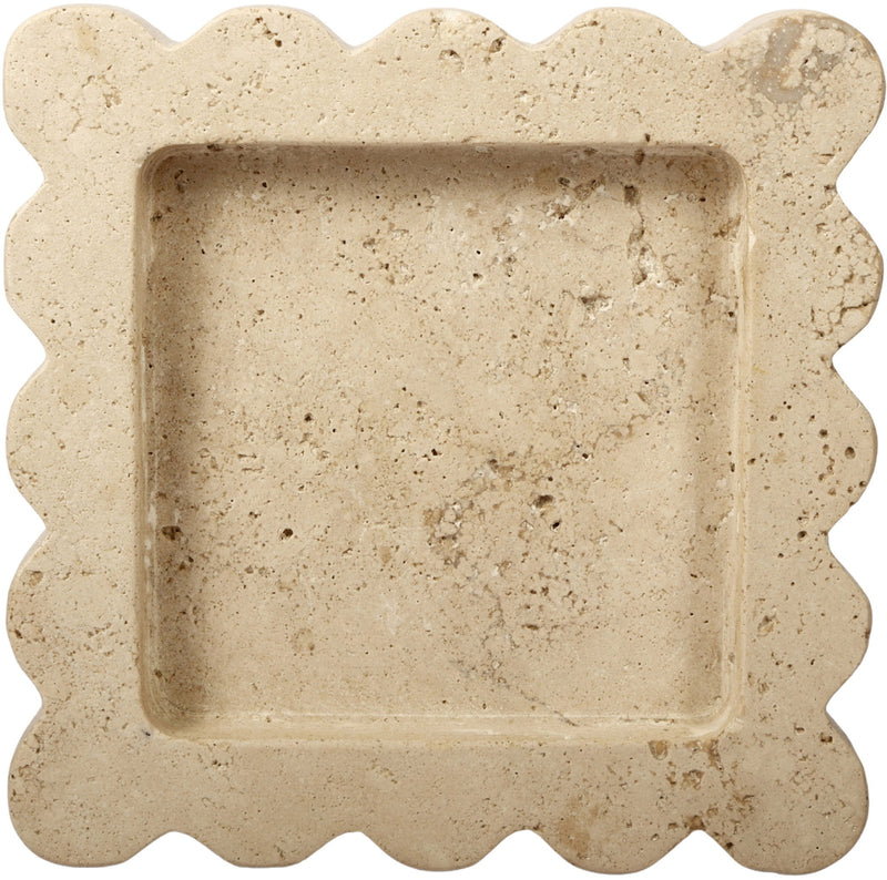 Natalie travertine tray with scalloped rim; pale beige speckled stone and recessed center.