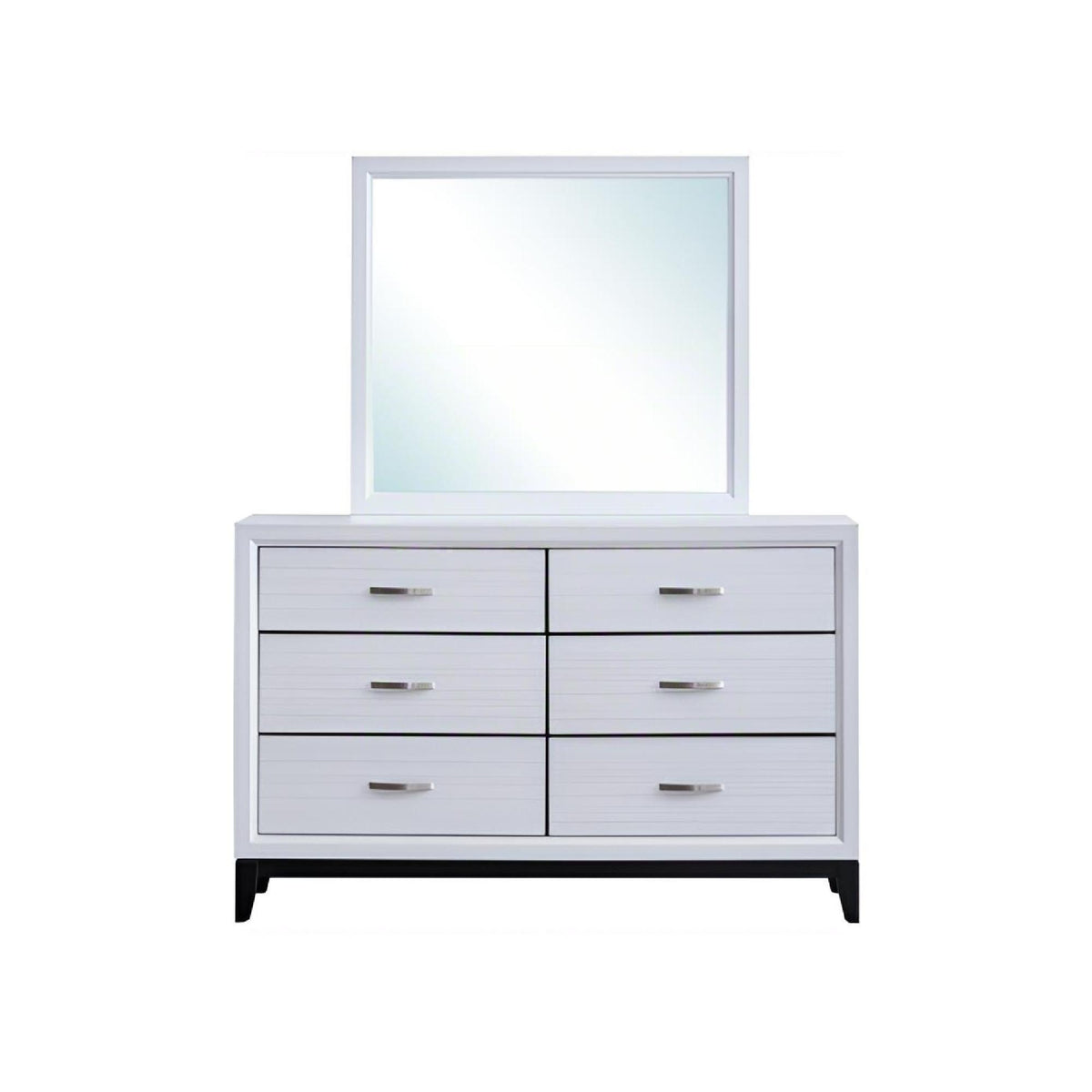 White dresser with six drawers and a square framed mirror