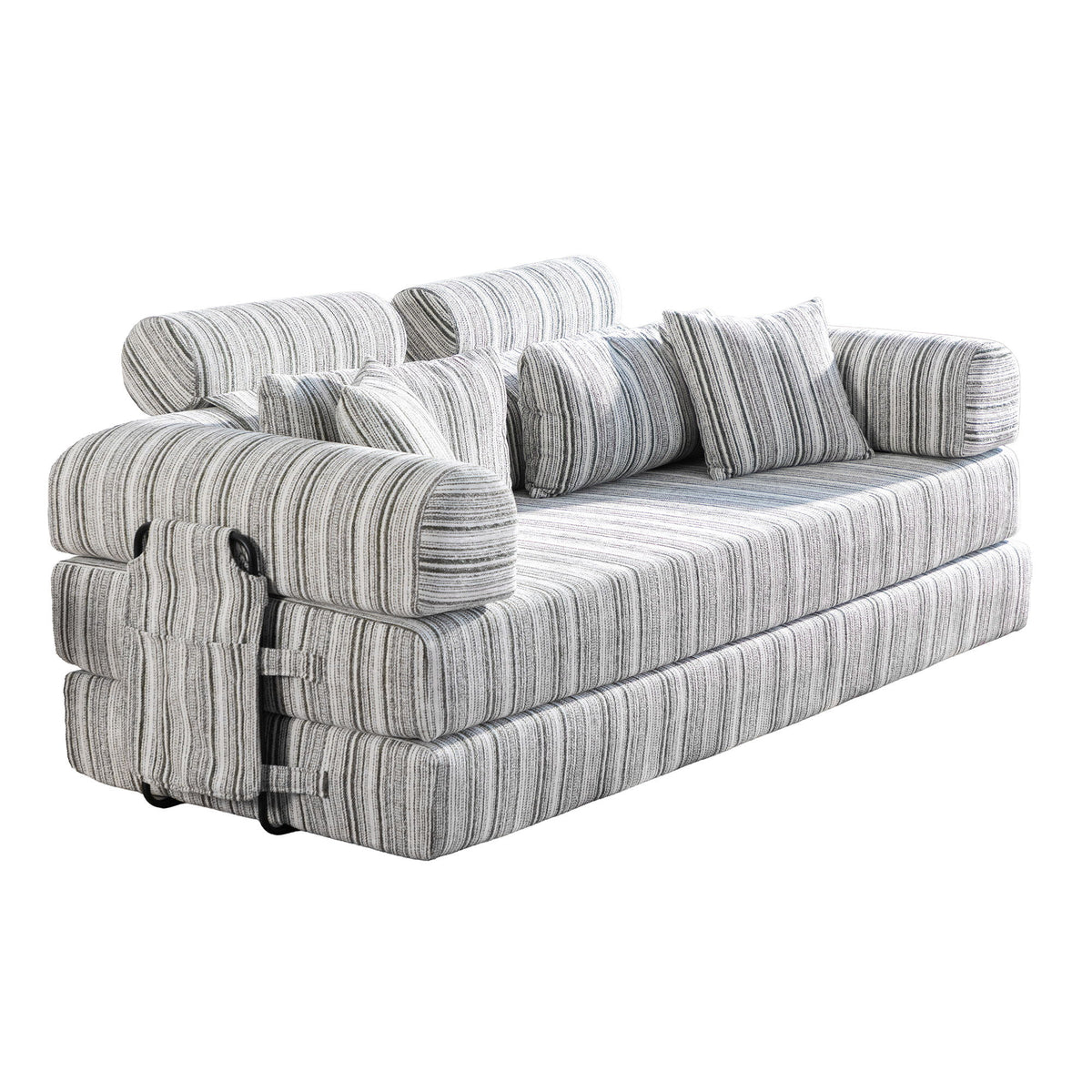Striped gray sleeper sofa bed with rolled arms and multiple back cushions