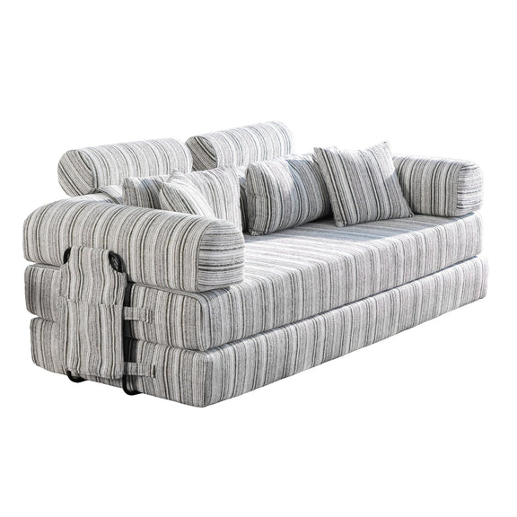 Striped gray sleeper sofa bed with rolled arms and multiple back cushions