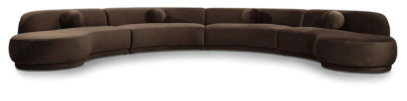 Dark brown velvet sectional sofa with curved chaise and padded arms