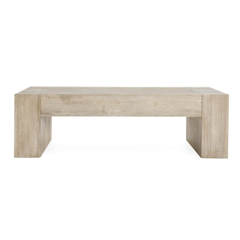 Reclaimed oak table with thick block legs, aged cream reclaimed wood
