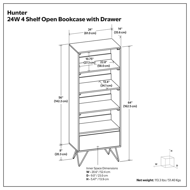 Tall open bookcase layout diagram with measurements and drawer placement, natural wood