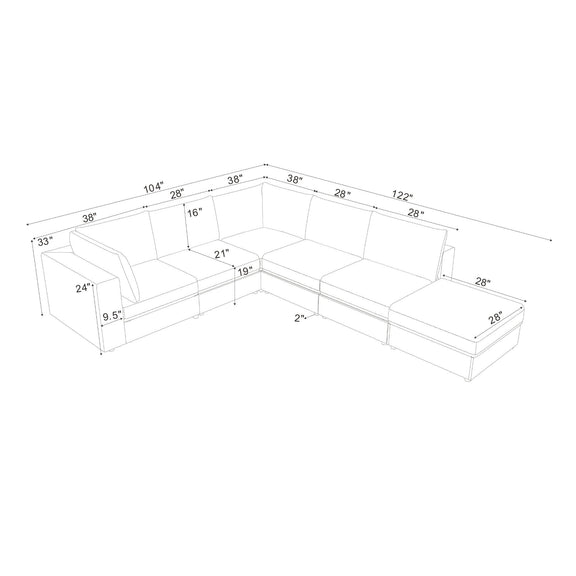 Modular sectional sofa layout diagram with ottoman sections and corner dimensions