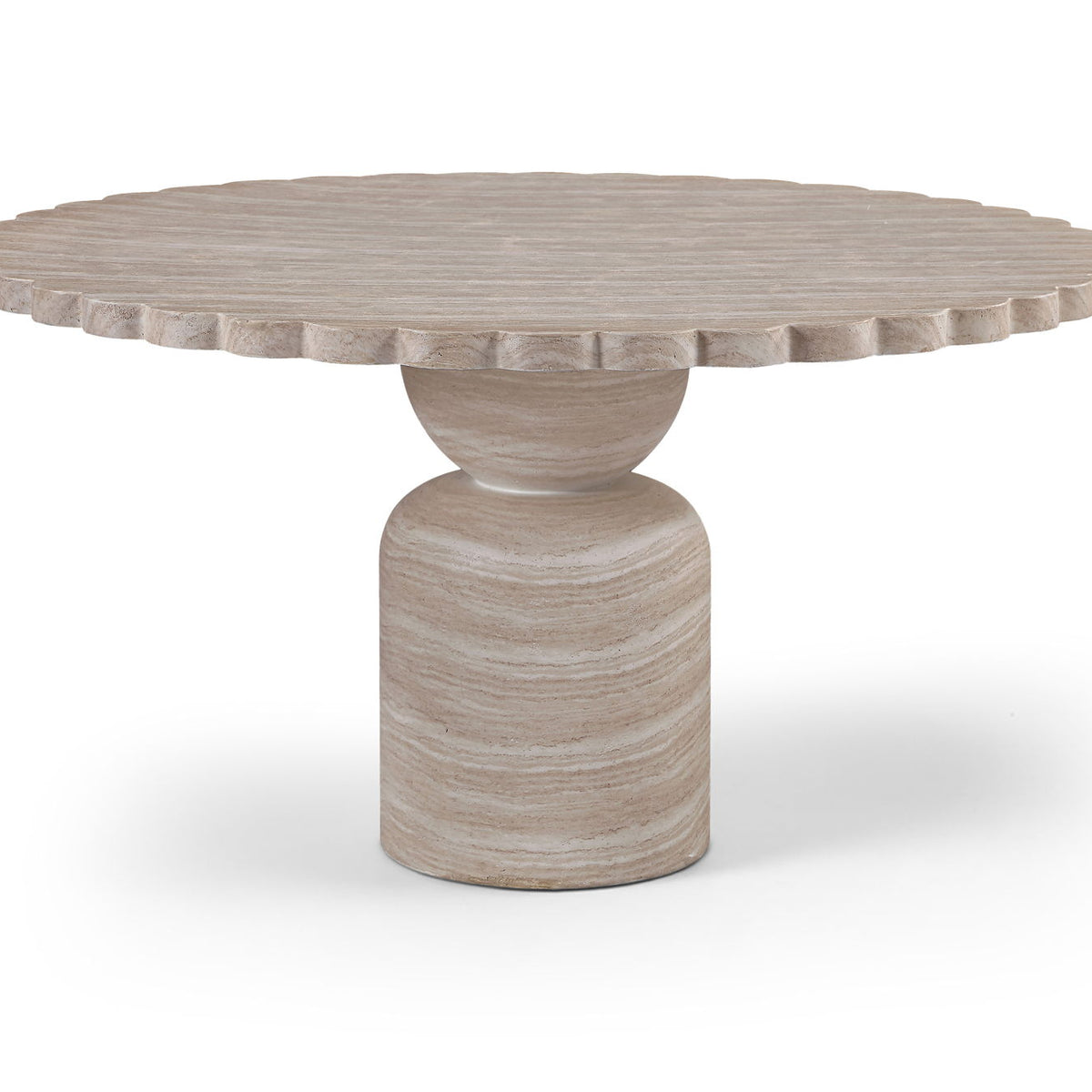 Round indoor/outdoor table with ribbed rim top and stacked pedestal base in light wood grain.