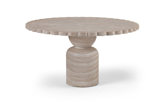 Round indoor/outdoor table with ribbed rim top and stacked pedestal base in light wood grain.
