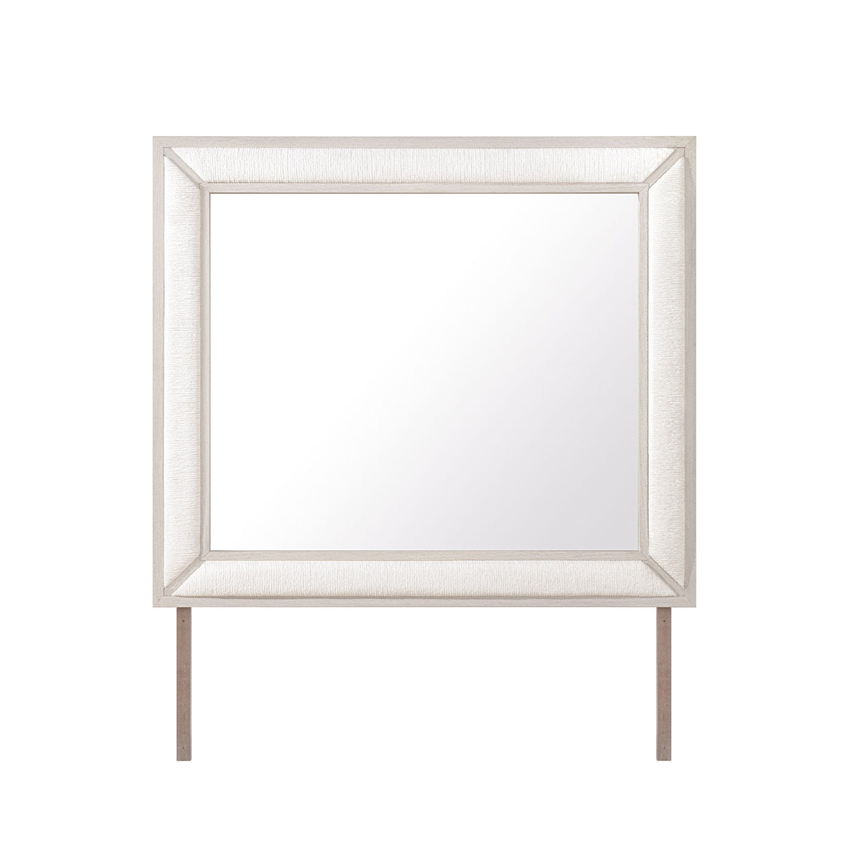 Beige rectangular wall mirror with textured frame border and thin legs