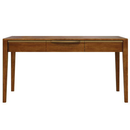 Dark brown wood office desk with three drawers and tapered legs