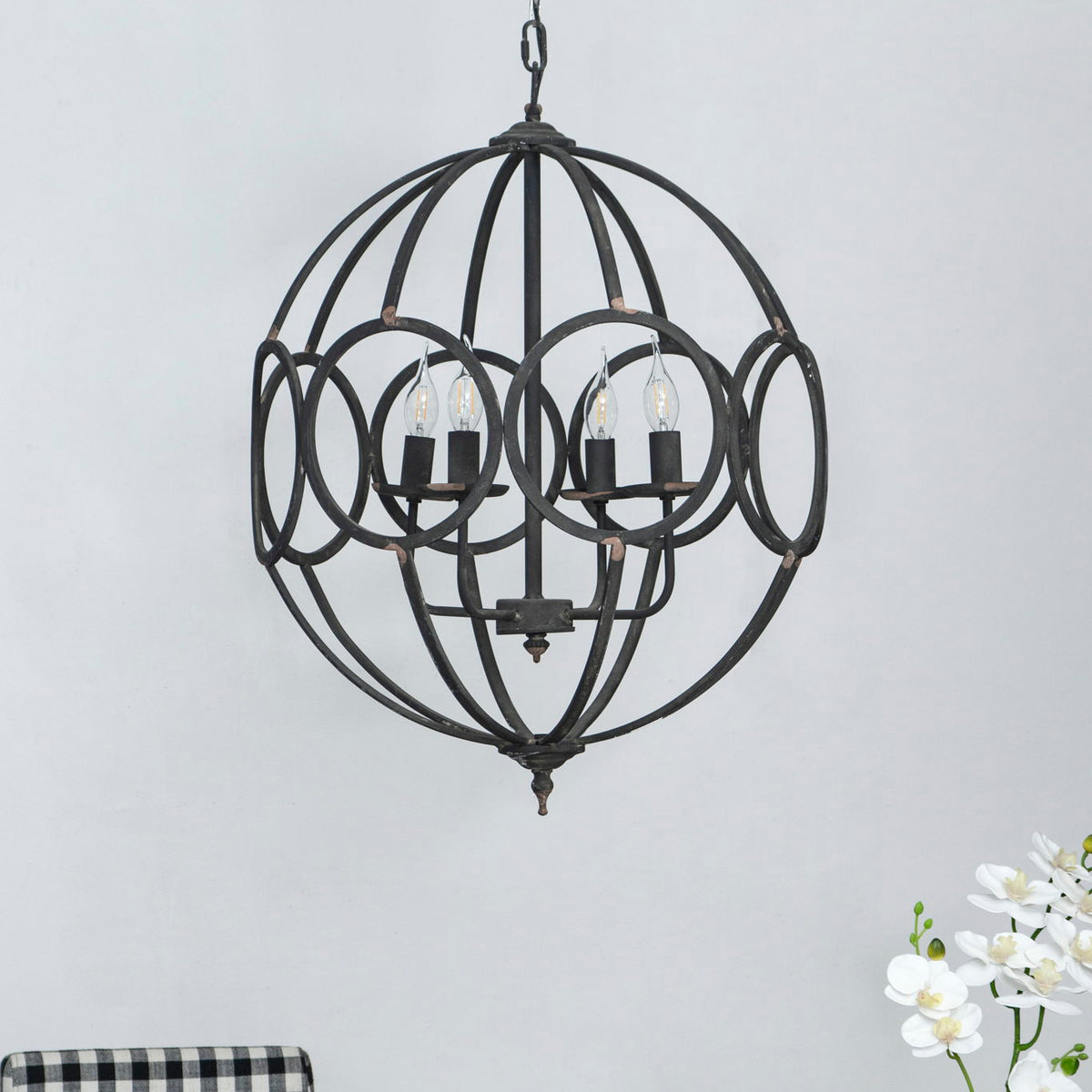 4 Light Metal Chandelier, Hanging Light Fixture With Adjustable Chain For Kitchen, Bulb Not Included - Black