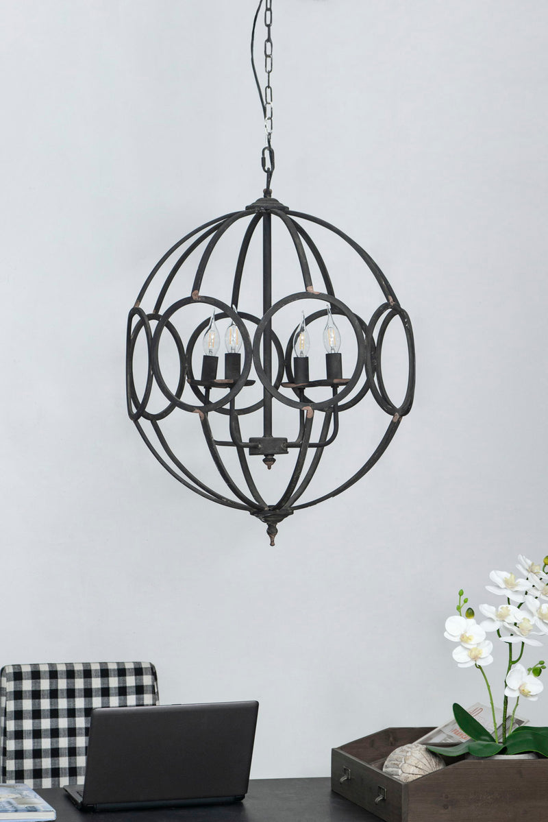 Black metal 4-light hanging chandelier with adjustable chain and circular cage frame