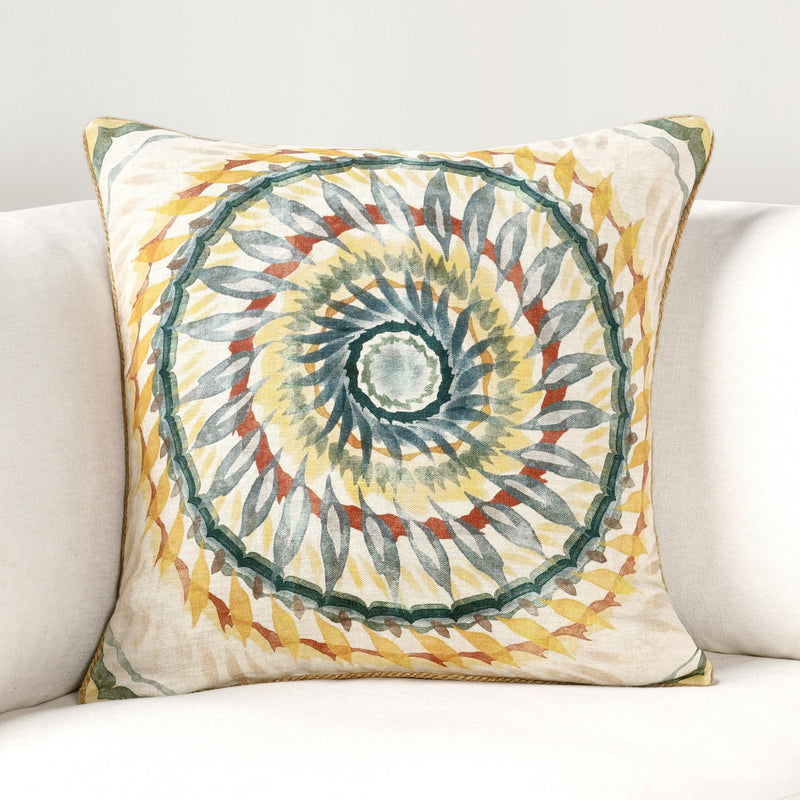 Decorative throw pillow with multicolor circular leaf mandala pattern in blue and orange
