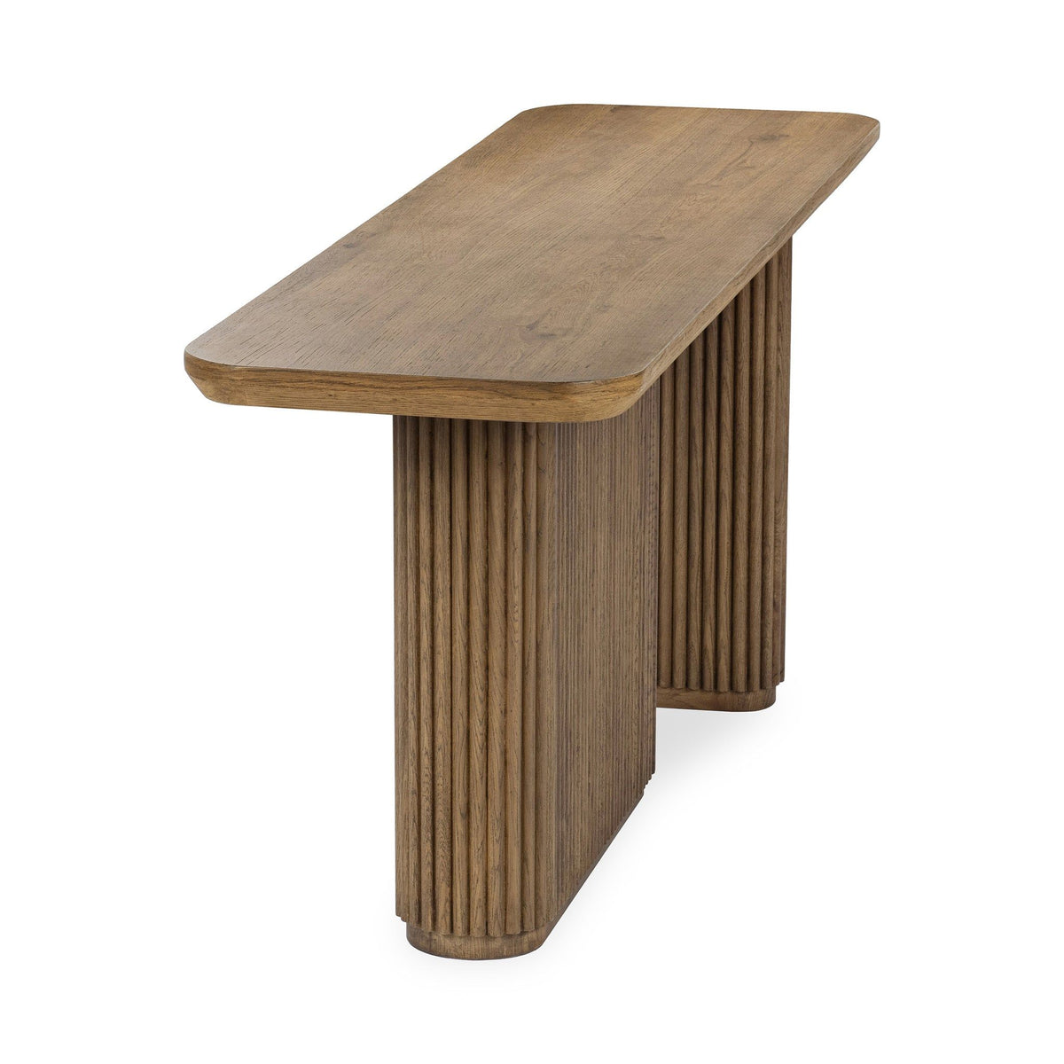 Tawny brown solid wood console table with angled top and ribbed front leg panels