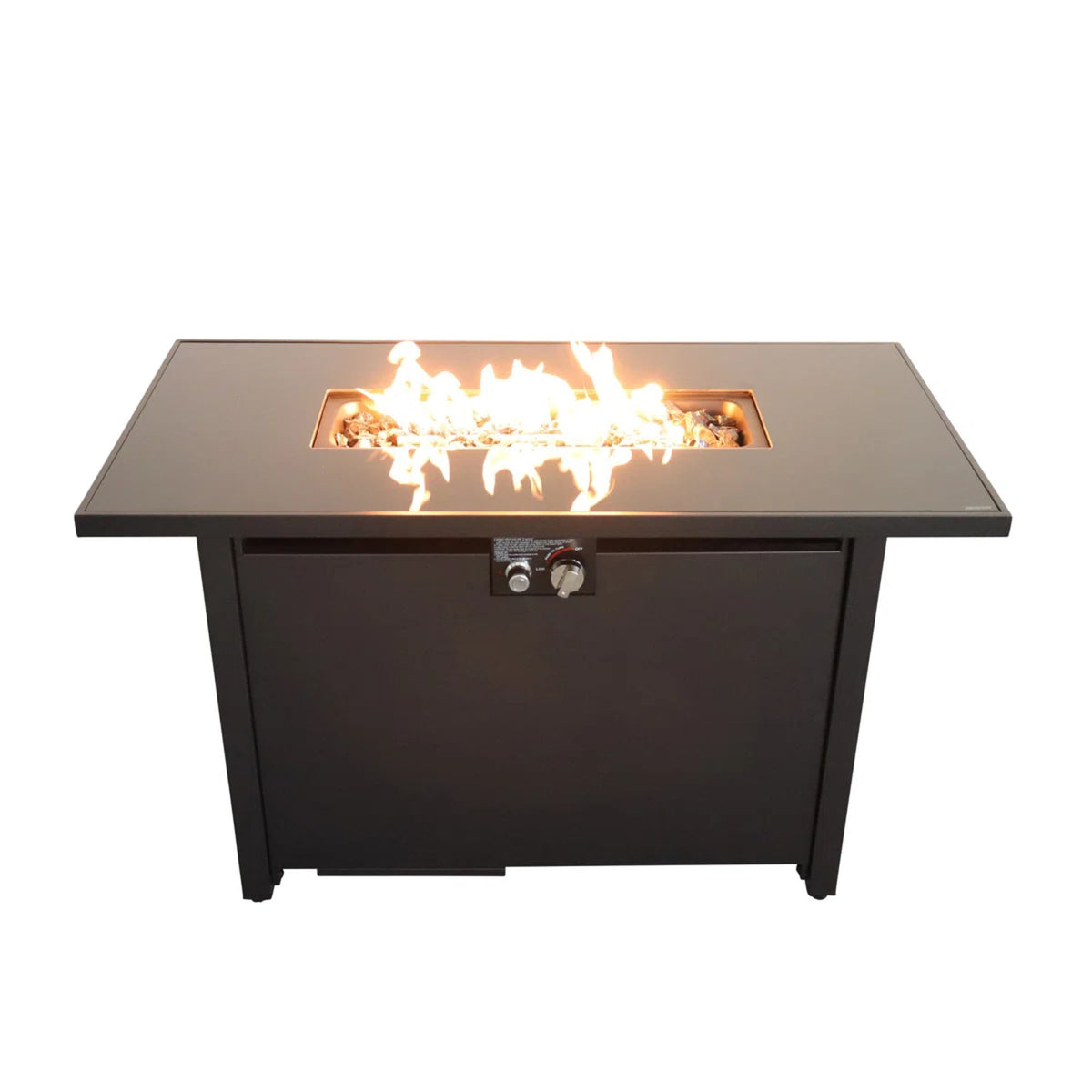 Rectangular black fire pit with glass guard and control panel, flames in tray