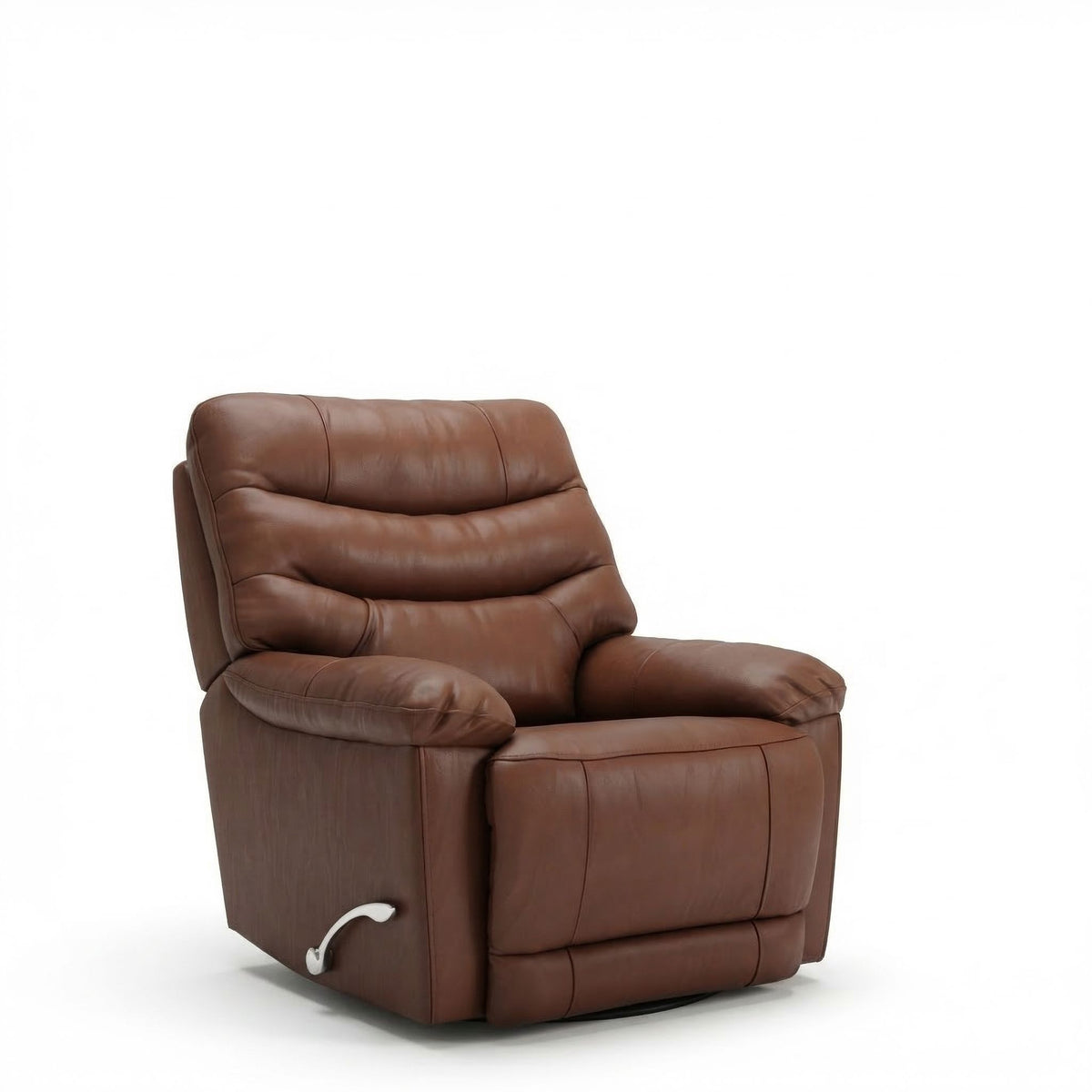 Brown swivel glider recliner with manual footrest, padded arms and reclining seat