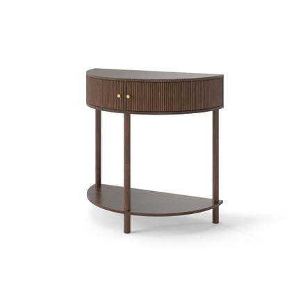 Dark brown demi-lune console table with 2 cabinet drawers and round bottom shelf