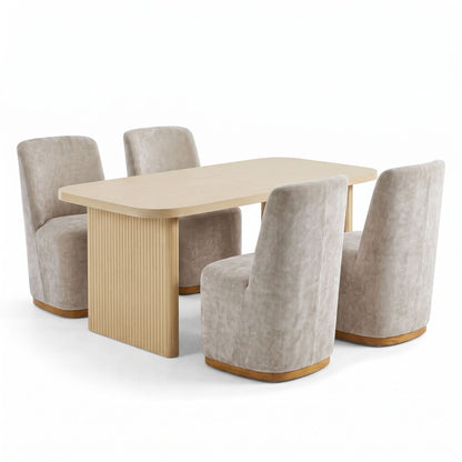 Dining table with 4 upholstered chairs, light beige fabric upholstery and ribbed wood pedestal base.