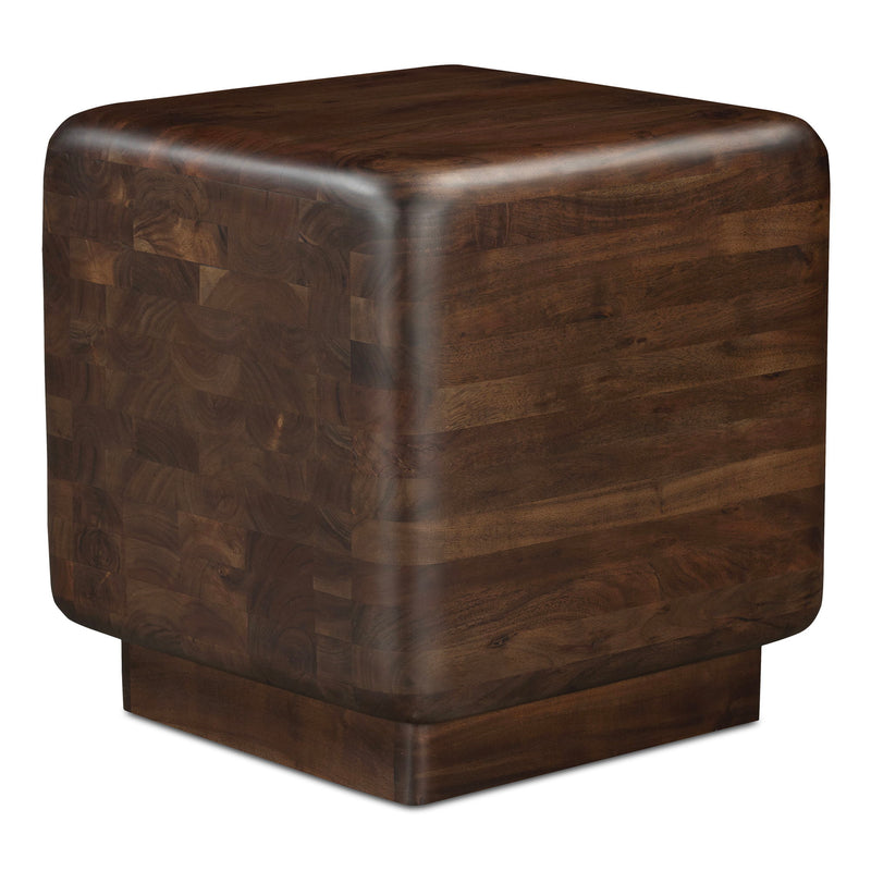 Eton dark brown wooden side table with rounded edges and visible grain, angled view