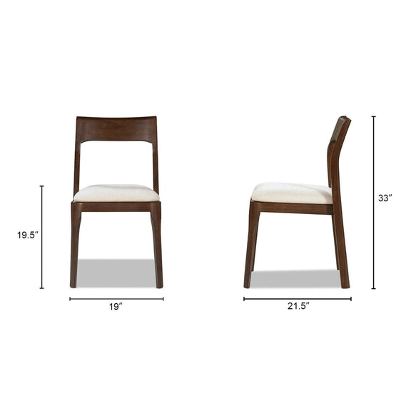 Dining chair size chart: dark wood frame, curved back, light beige seat