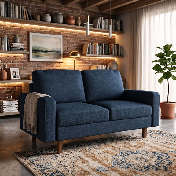 Blue two-seat loveseat with removable cushions, broad arms, and tapered wooden legs