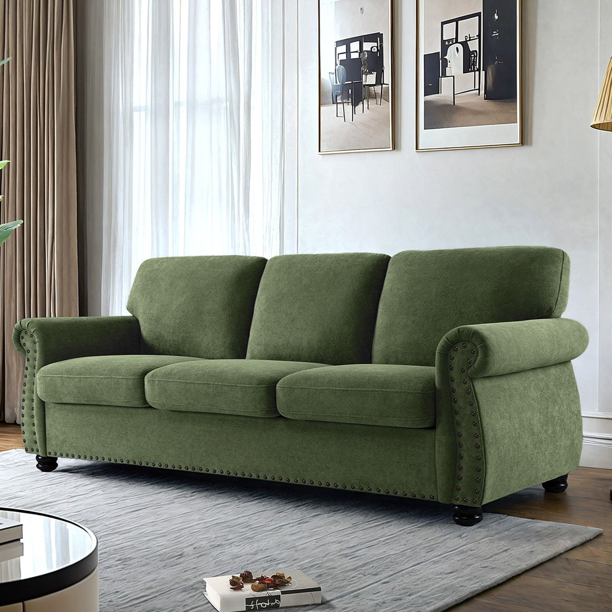 Soft Sofa, Upholstered 3 Seater Couch With High Density Foam, Loose Back Cushions And Turned Legs