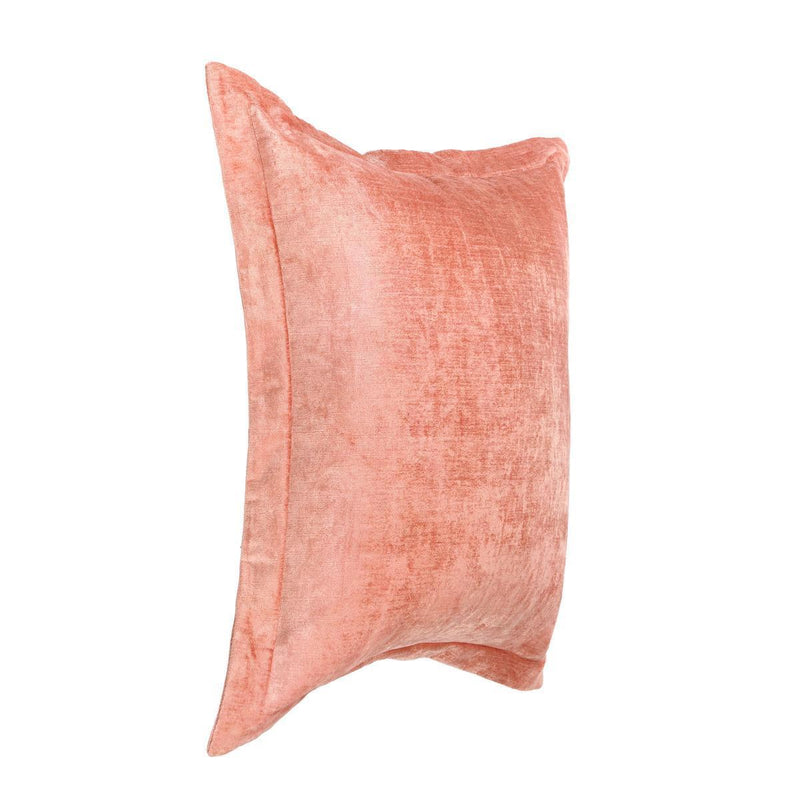 Coral pink square throw pillow upright view with piped edges and textured fabric