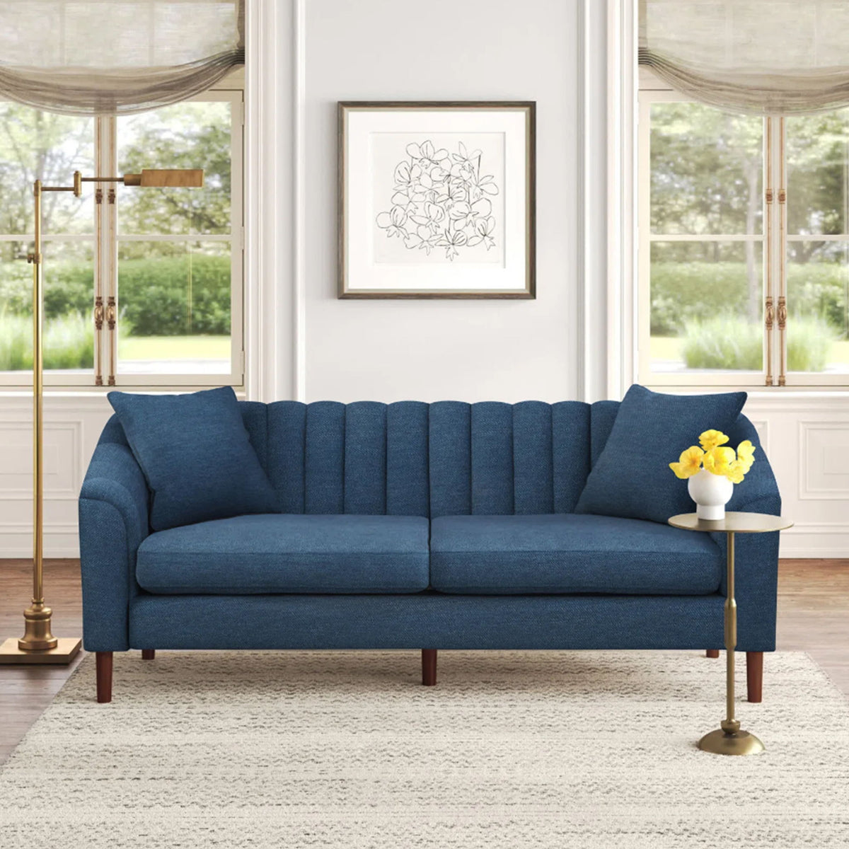 Navy blue 3-seater sofa with tufted back and upholstered arms, square wooden legs