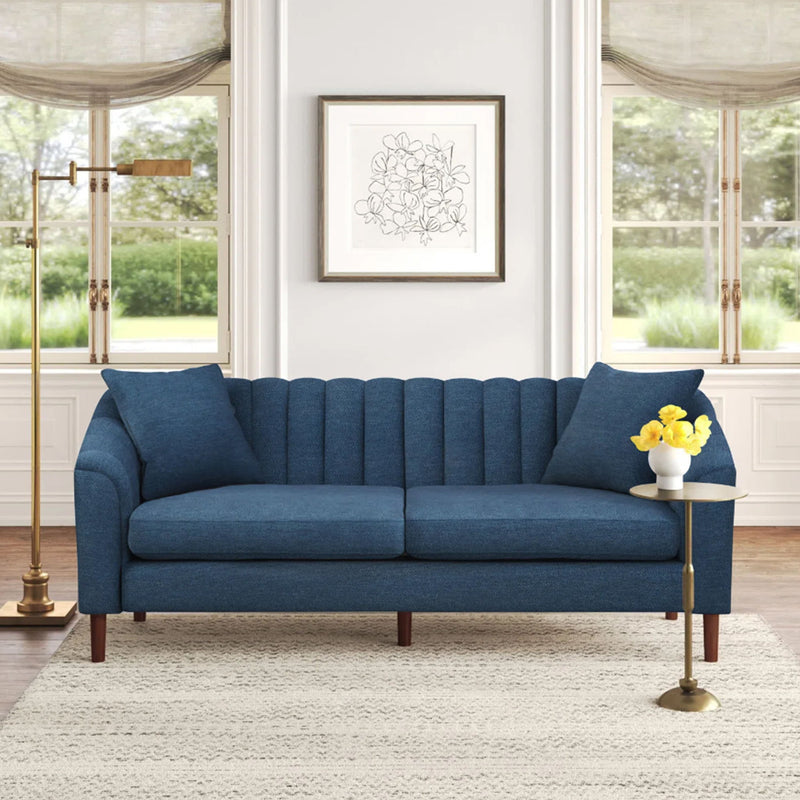 Navy blue 3-seater sofa with tufted back and upholstered arms, square wooden legs