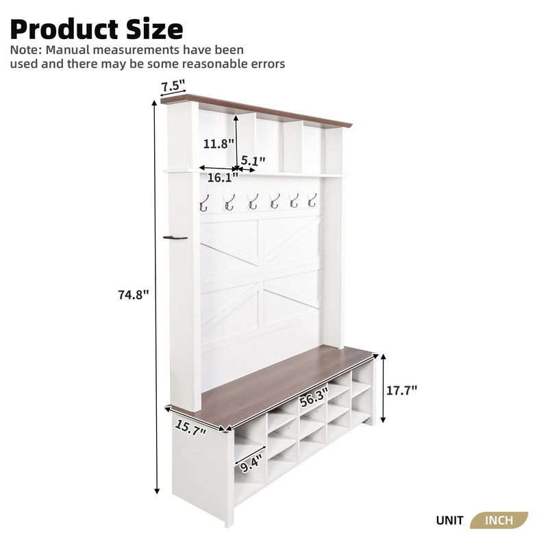 White hall tree product size diagram with dimensions and bench cubby layout
