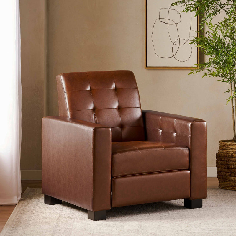Dark brown tufted recliner shown from a side angle