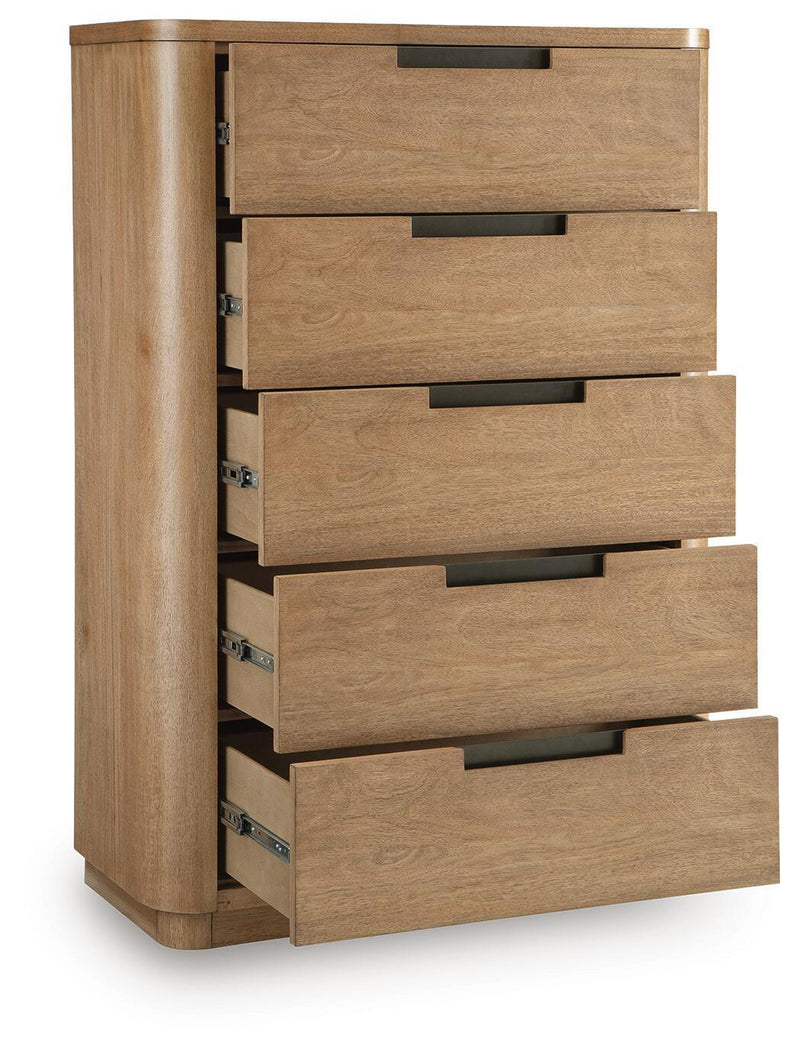 Light brown five-drawer chest, side view, metal hardware and drawers pulled out
