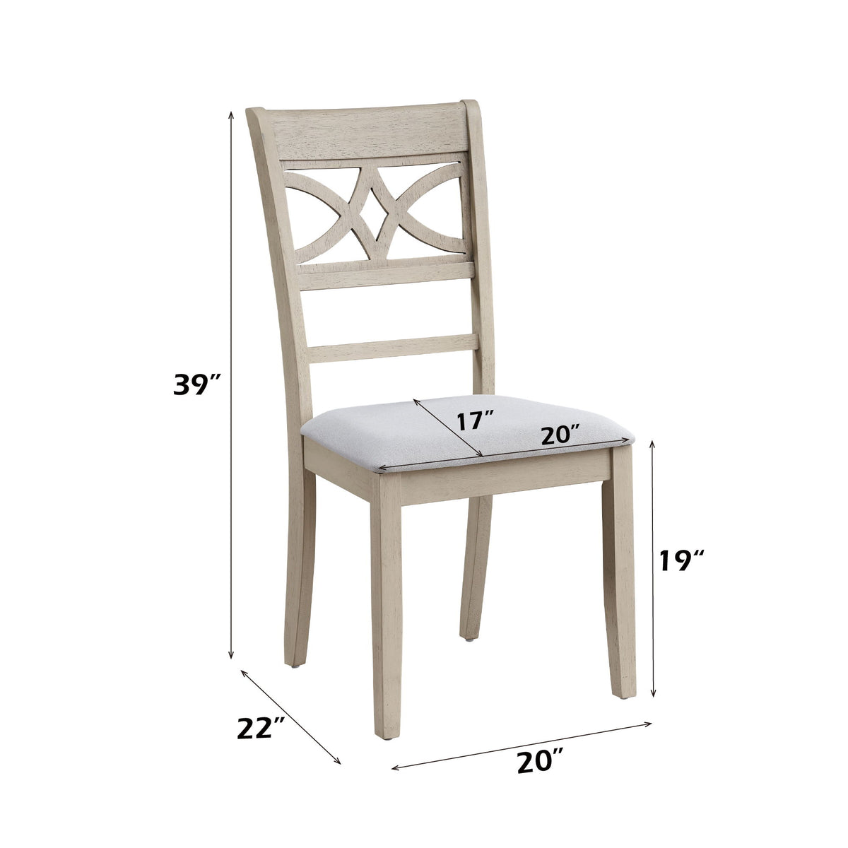 Antique white cross-back dining chair with gray upholstered seat cushion