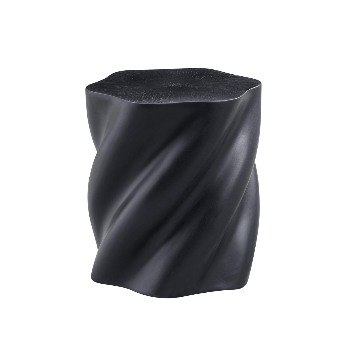 Black petal-shaped side table with hexagonal top and sculpted tapered sides