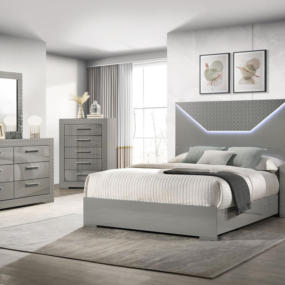 Ives 5-piece Queen Bedroom Set Grey High Gloss