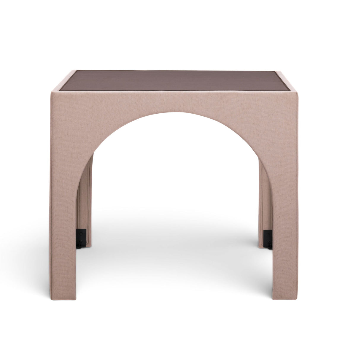Light pink fabric game table with rounded arch cutouts and dark tabletop