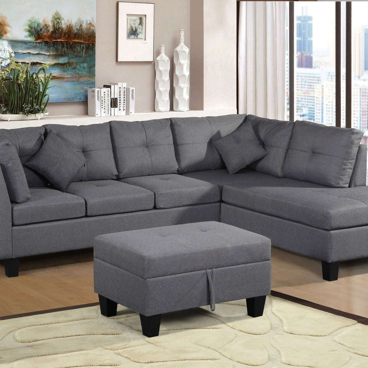 Sectional Sofa Set For Living Room With Right Hand Chaise Lounge And Storage Ottoman - Gray