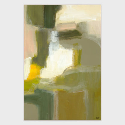 Framed abstract green and yellow painting with layered brushstrokes