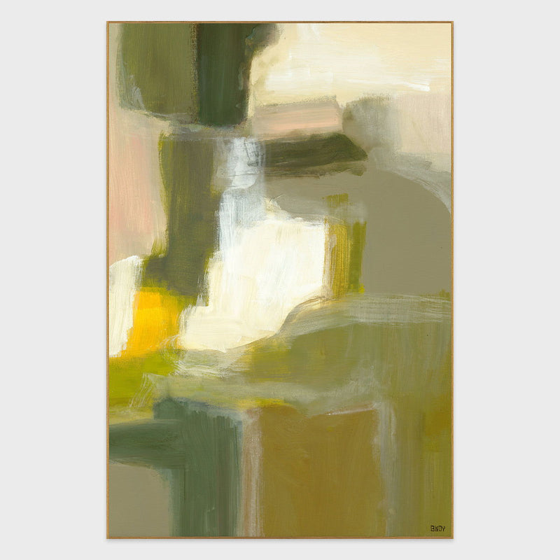 Framed abstract green and yellow painting with layered brushstrokes