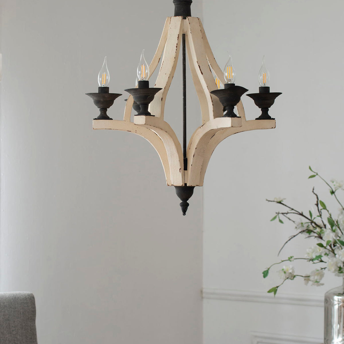 6 Light Wood Chandelier, Hanging Light Fixture With Adjustable Chain For Kitchen, Bulb Not Included - Cream