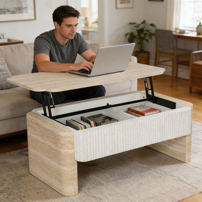 Lift-Top Coffee Table with Hidden Storage Extendable Open Shelving Fluted Design Beige
