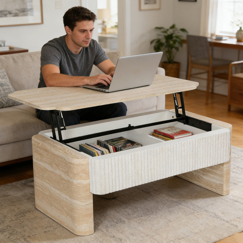 Lift-Top Coffee Table with Hidden Storage Extendable Open Shelving Fluted Design Beige