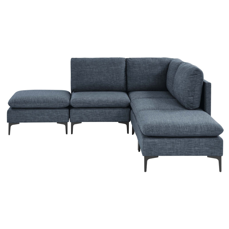 Dark blue upholstered modular sectional with tall legs and right-side chaise extension