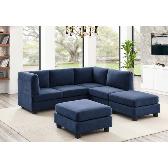 Blue upholstered modular sectional sofa with corner chaise and ottoman seats