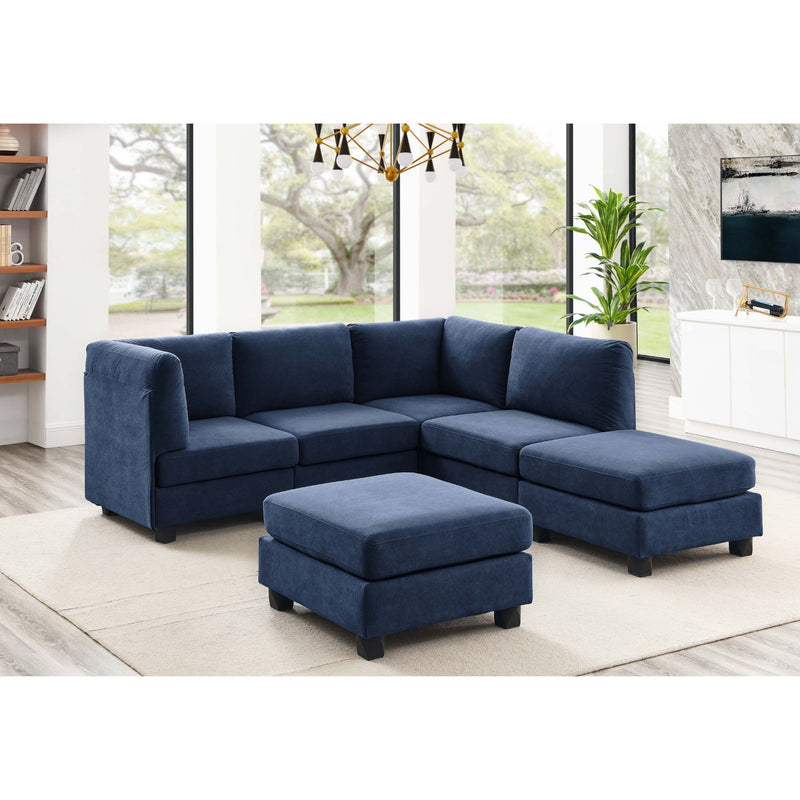Blue upholstered modular sectional sofa with corner chaise and ottoman seats